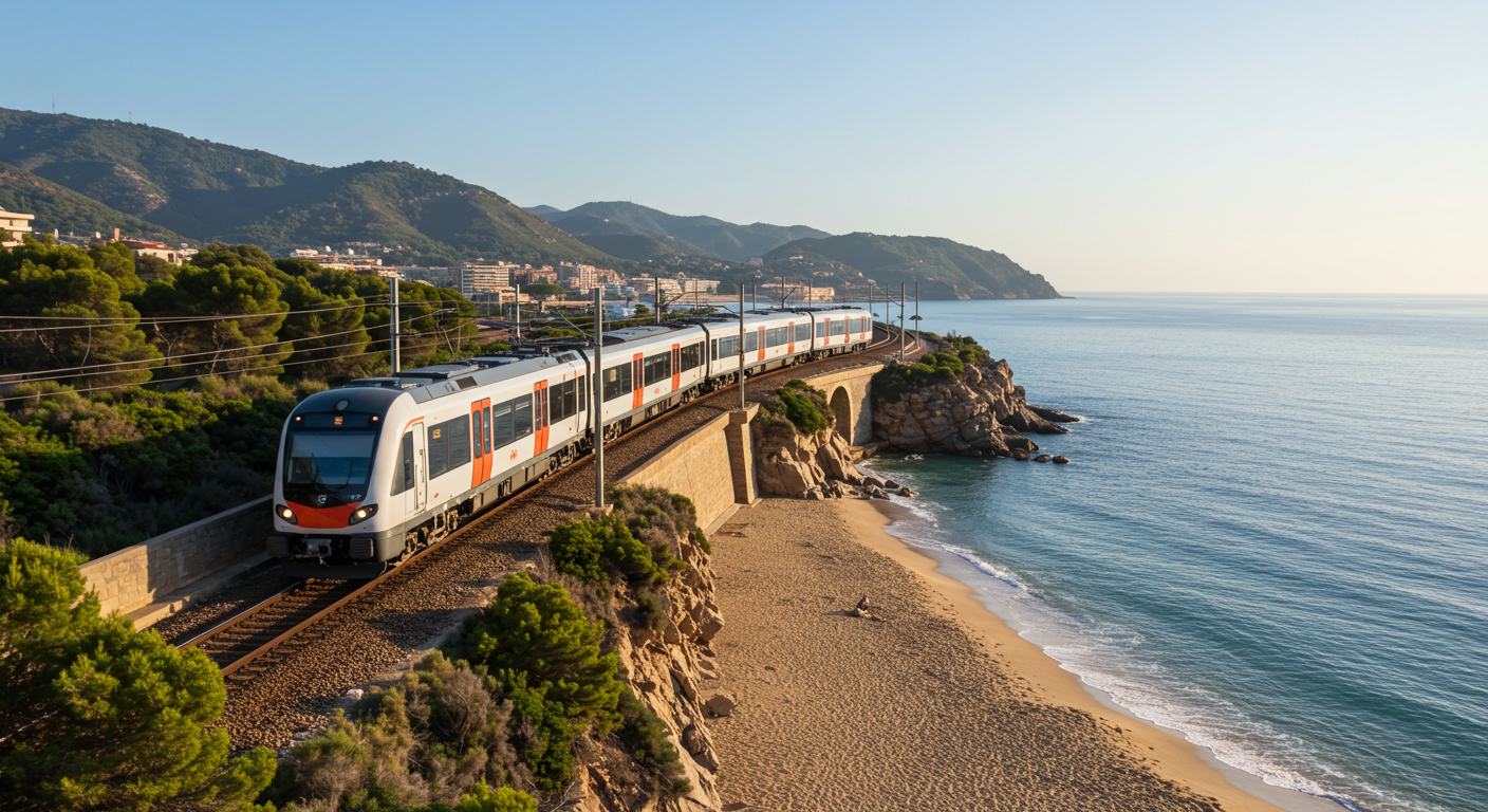 View from a Rodalies train window of the Catalan coastline near Sitges on a clear summer morning
