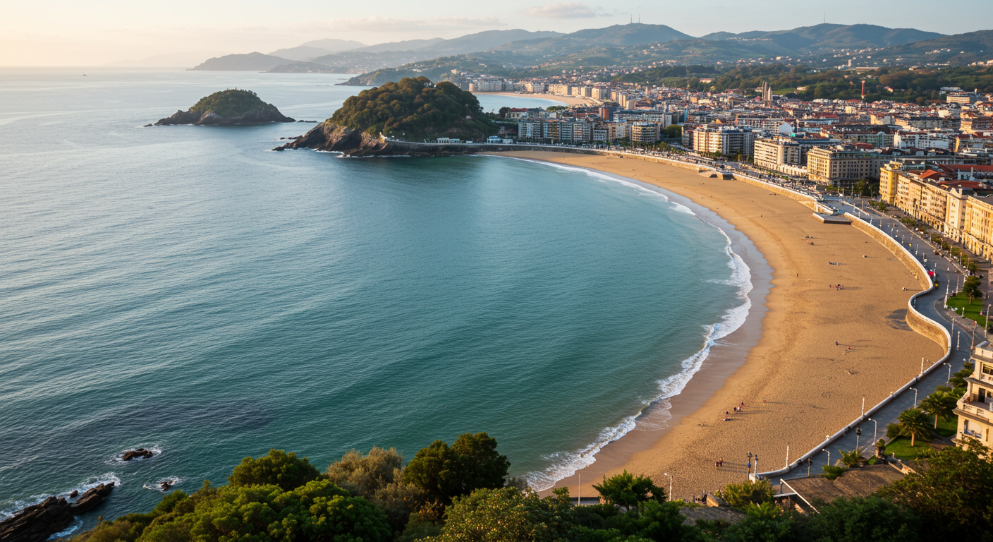 La playa de La Concha en San Sebastián en una clara mañana de verano, con el paseo curvo y la isla de Santa Clara al fondo