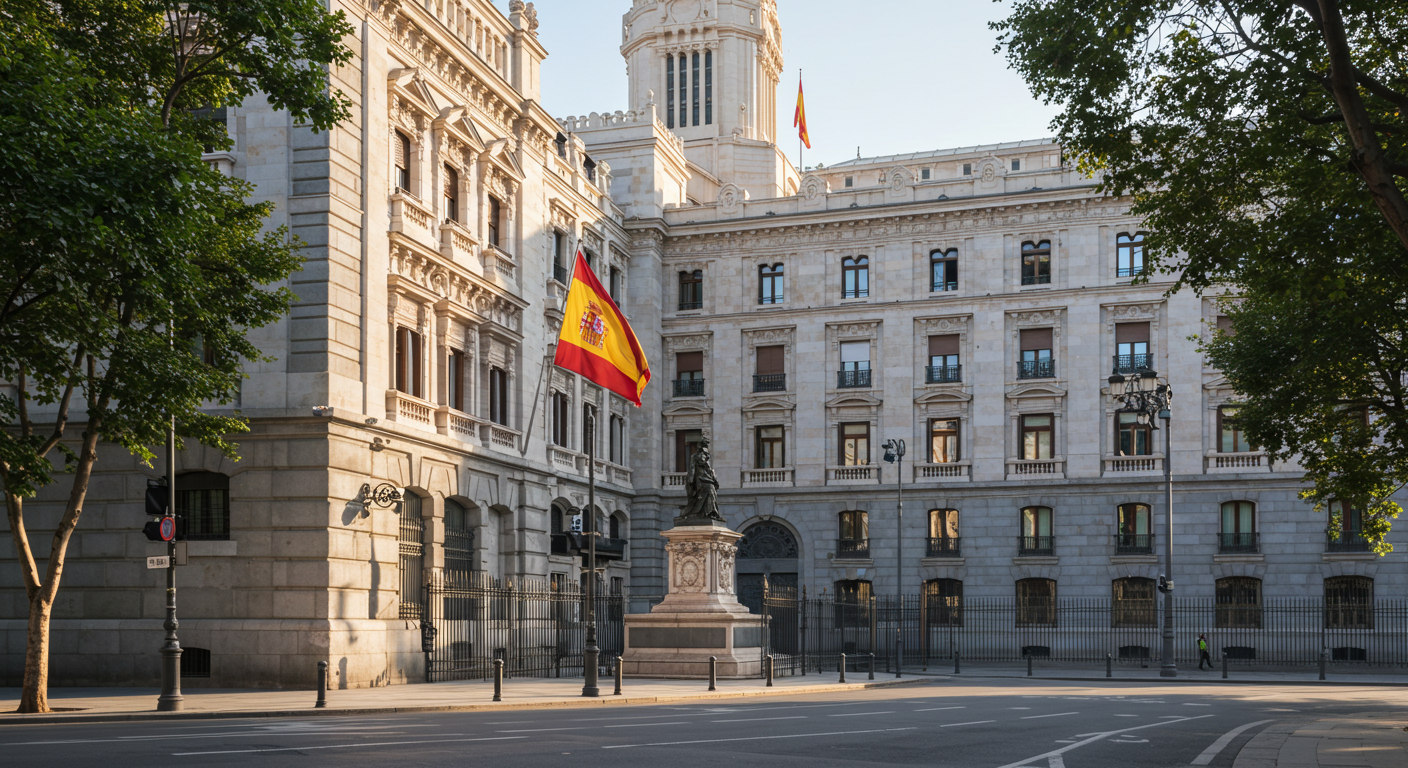Edificio de la Agencia Tributaria en Madrid en una mañana soleada, fachada de piedra y bandera española