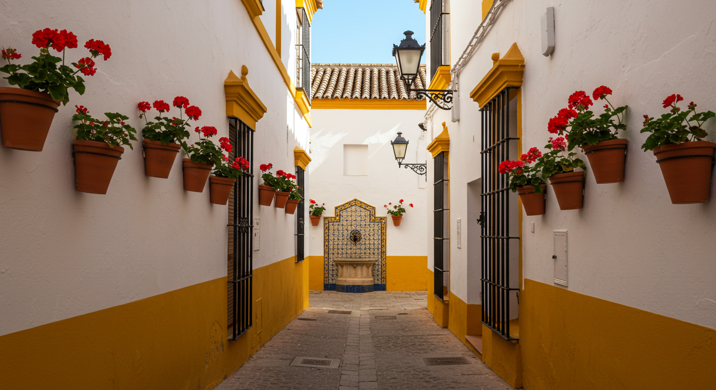 Callejuela estrecha y encalada en el barrio de Santa Cruz de Sevilla con naranjos y una fuente de azulejos