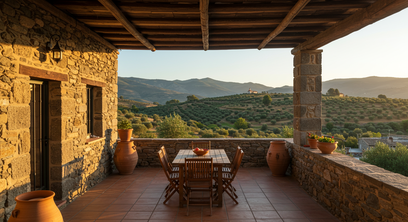 Stone farmhouse casa rural in the Andalusian mountains with olive groves and a terrace in afternoon light