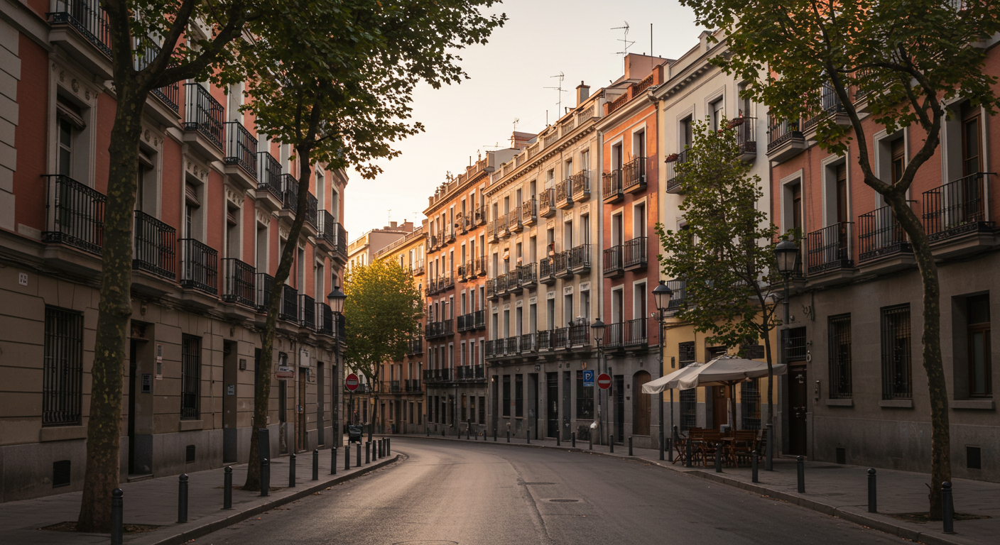 Wide tree-lined street in Chamberí, Madrid, on a sunny morning with local shops open and a café terrace visible
