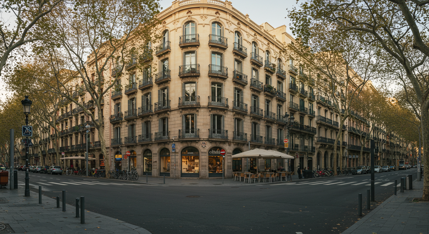 Edificios de esquinas achaflanadas del Eixample de Barcelona con luz dorada de tarde, bulevar arbolado y terraza de café