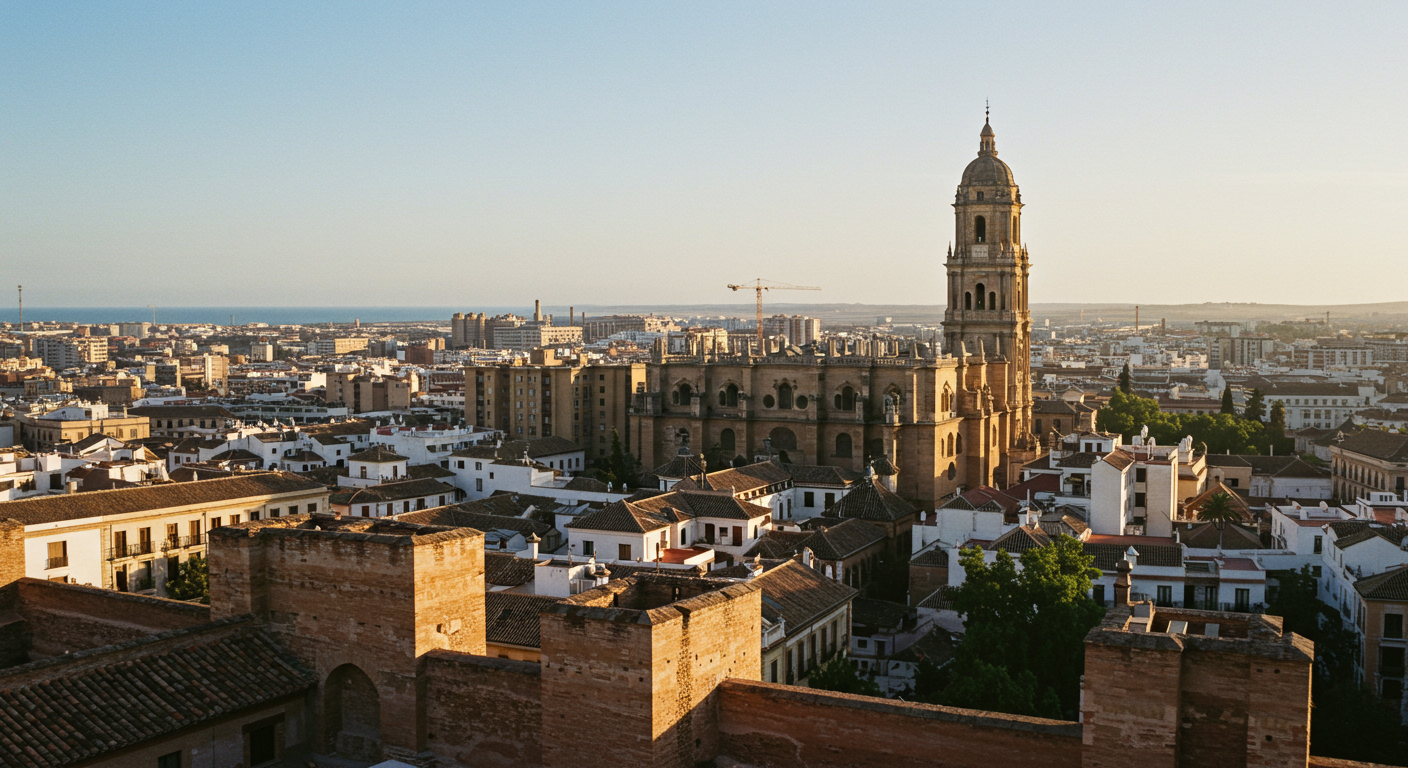 Málaga city centre rooftops and the Cathedral seen from the Alcazaba walls in afternoon light