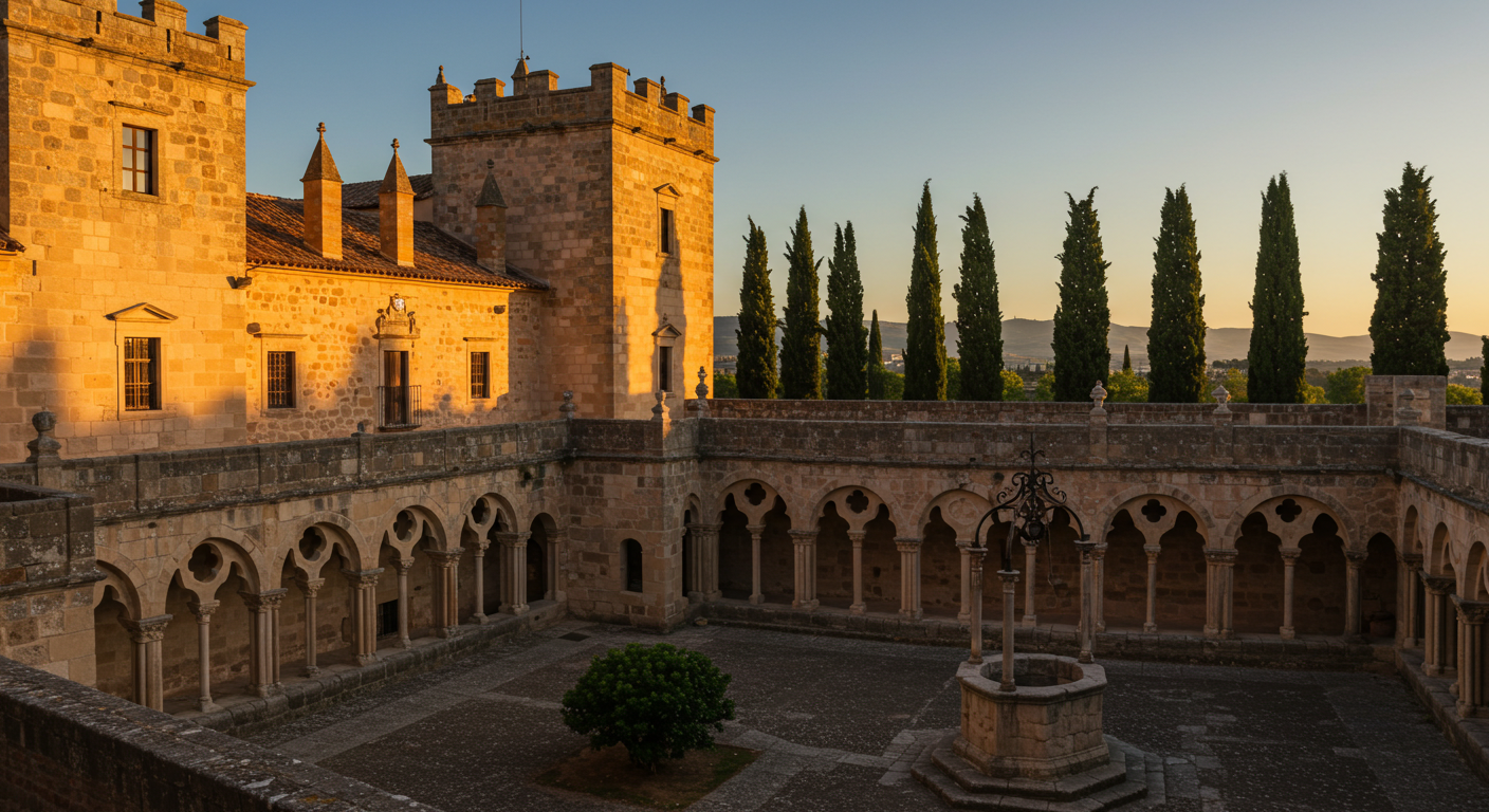 Stone courtyard of a Spanish parador inside a medieval castle at dusk, warm lantern light on ancient walls