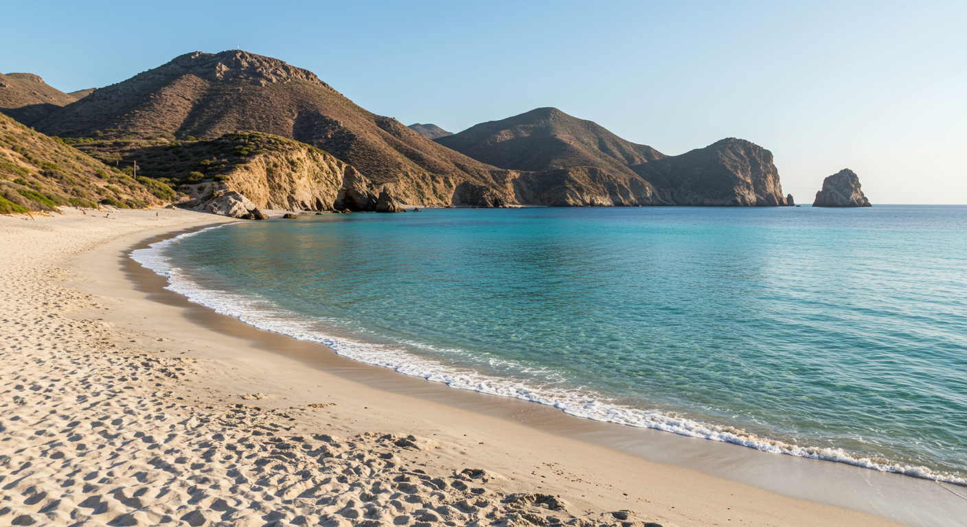 Empty white sand beach on the Cabo de Gata coast in Almería, Spain, with clear turquoise water and volcanic cliffs in late afternoon light
