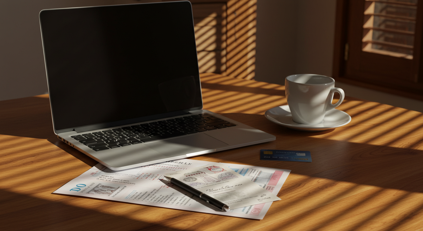 A laptop and Spanish tax documents on a wooden desk in a sunlit Spanish apartment, with a coffee and a Spanish bank card nearby