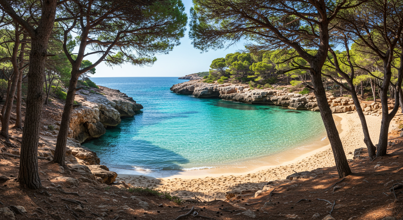 Una tranquila cala de aguas turquesas en Menorca con arena blanca y aguas someras enmarcadas por pinos