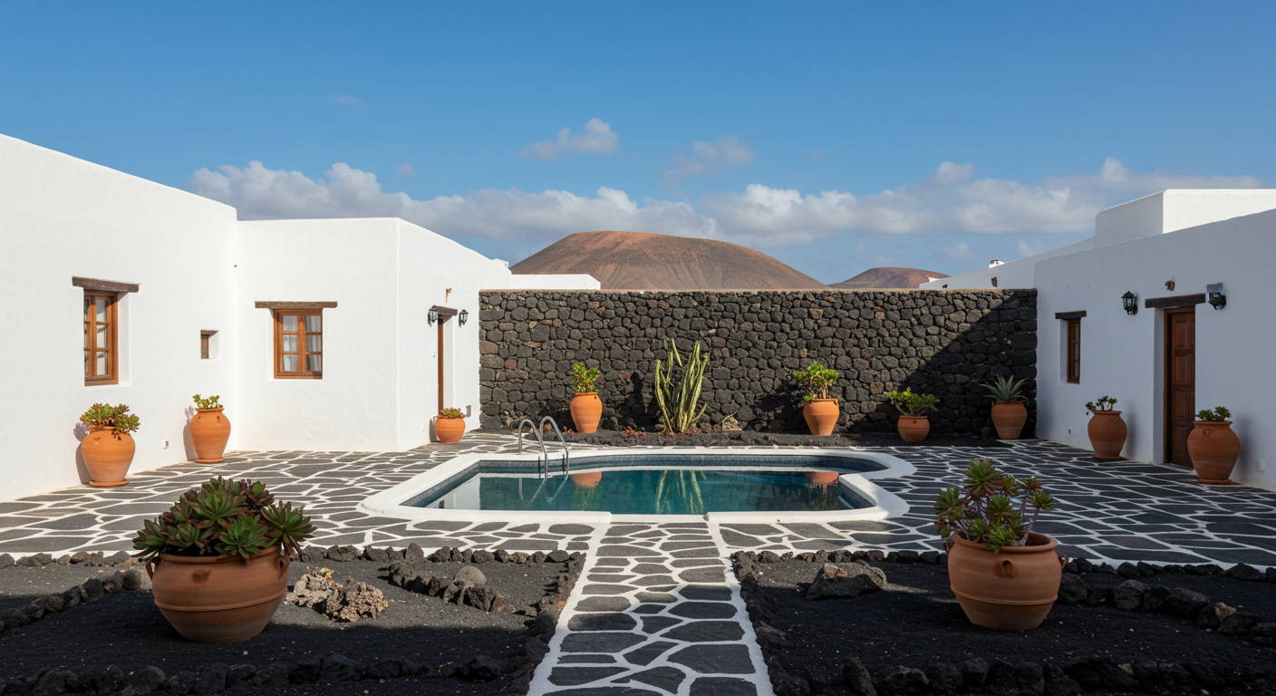 Whitewashed boutique hotel courtyard with volcanic rock garden in Lanzarote, Canary Islands