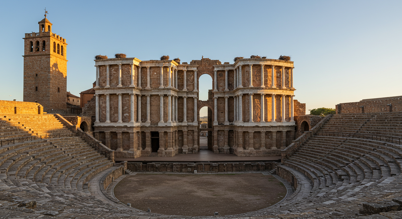 El teatro romano de Mérida al atardecer, con las columnas de mármol iluminadas por la cálida luz vespertina y cigüeñas en una torre cercana