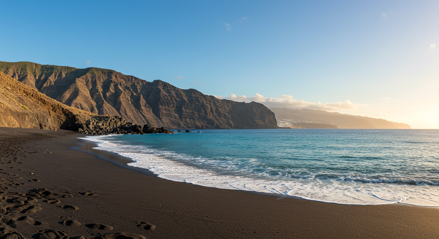 Playa de arena volcánica negra en Tenerife con aguas atlánticas cristalinas y acantilados al fondo