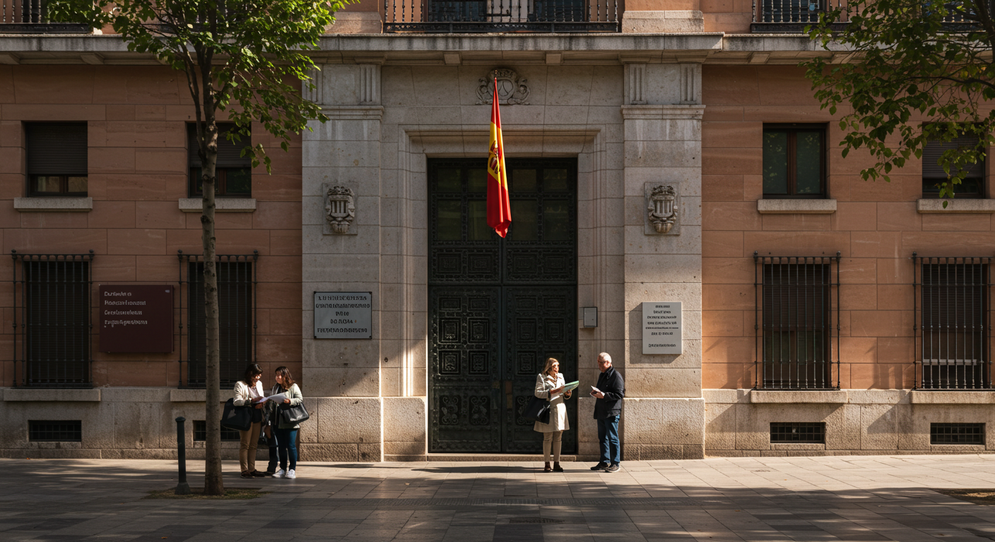 Queue outside a Spanish oficina de extranjería on a sunny morning, people waiting with documents