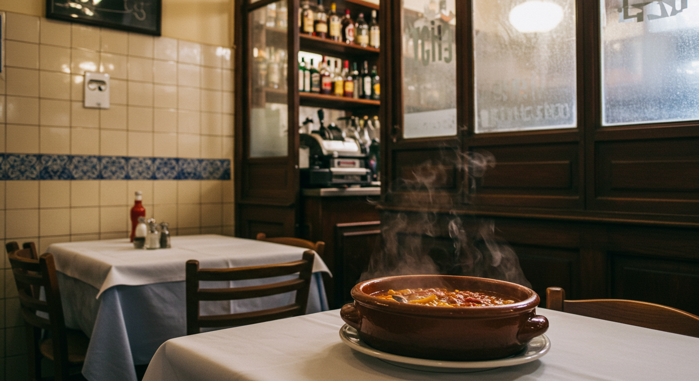 Interior of a classic Madrid taberna with tiled walls, dark wood bar, and ceramic cocido pot on the table