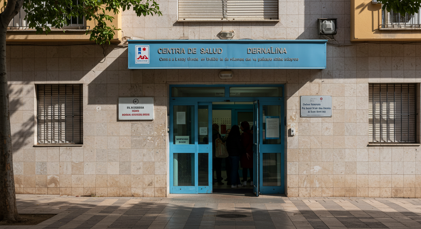 Entrada a un centro de salud público español en una mañana tranquila