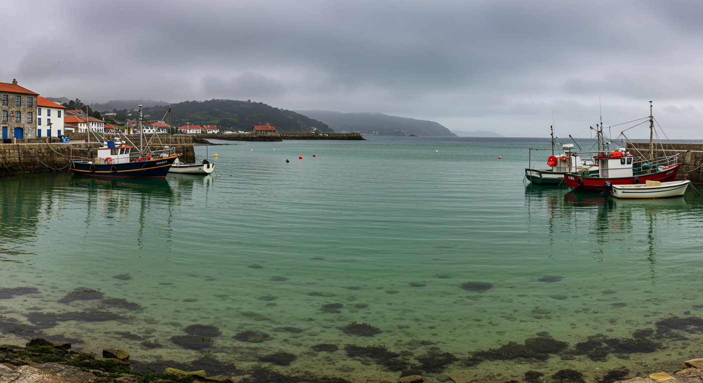 Stone harbour wall in Vigo with fishing boats and Atlantic light on a grey morning