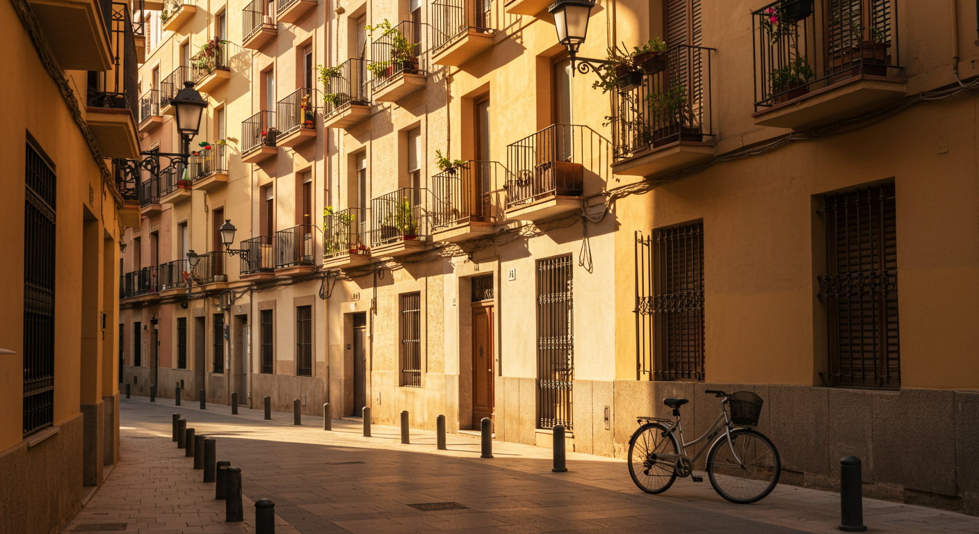 Coloridos balcones de edificios de apartamentos en una soleada calle del barrio de Ruzafa, en Valencia