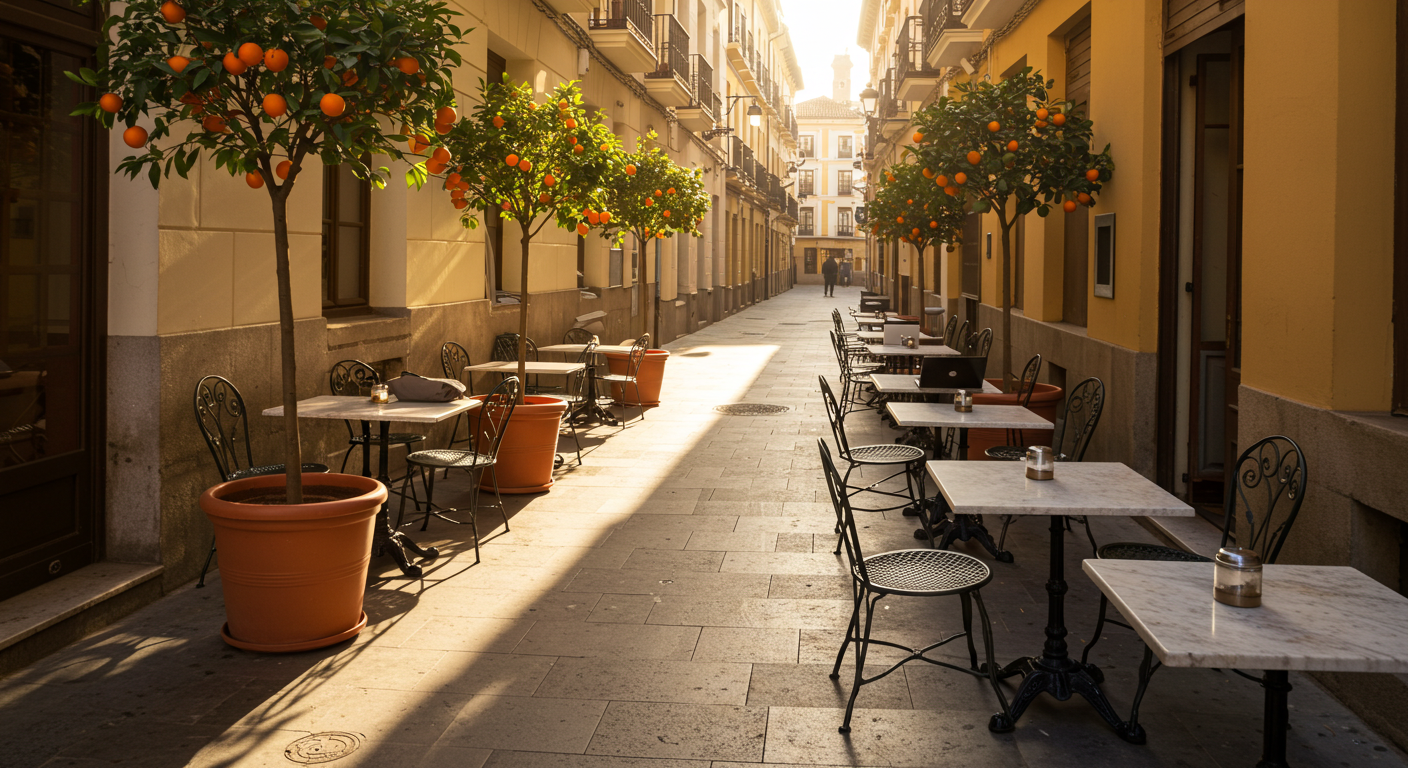 Terraza de café con luz de sol en una tranquila calle española, con portátiles y tazas de café sobre mesas de mármol