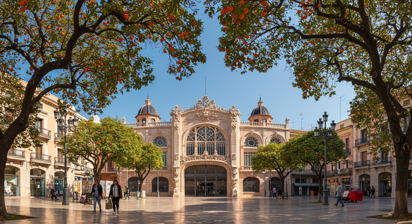 Exterior del Mercado Central de Valencia en una mañana luminosa, con naranjos y vecinos pasando por delante