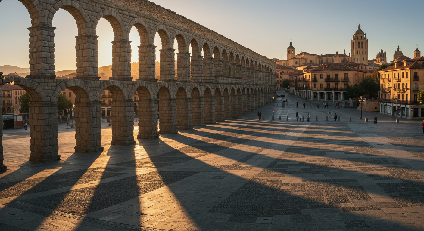 El acueducto romano de Segovia al amanecer, con los arcos de granito enmarcando el perfil del casco antiguo