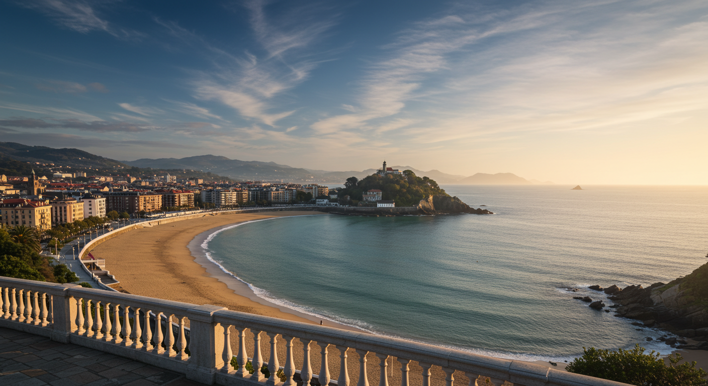 La bahía de La Concha en San Sebastián vista desde el monte Igueldo en una mañana despejada, con el paseo curvo y la isla visibles abajo