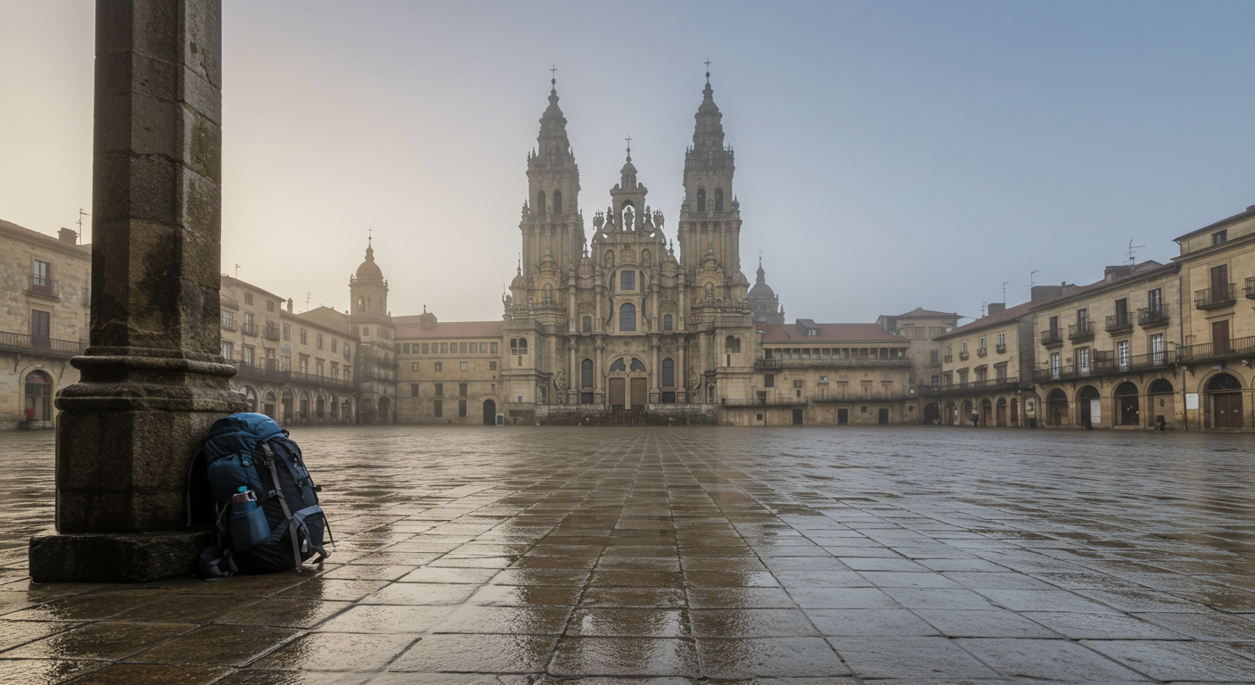 The twin Baroque towers of Santiago de Compostela Cathedral rising above wet granite rooftops on a misty morning