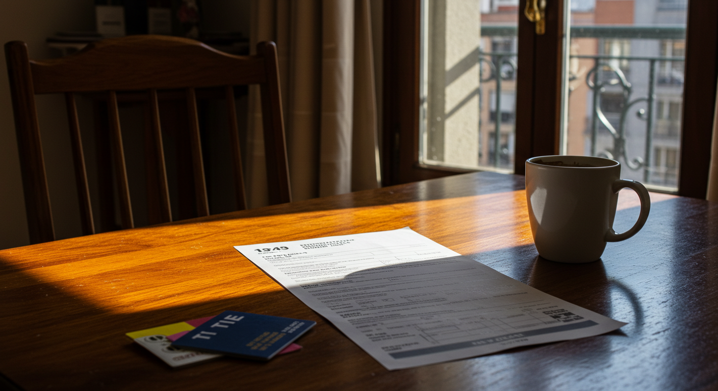 Tax documents and a Spanish residence card on a wooden desk in a sunlit Madrid apartment