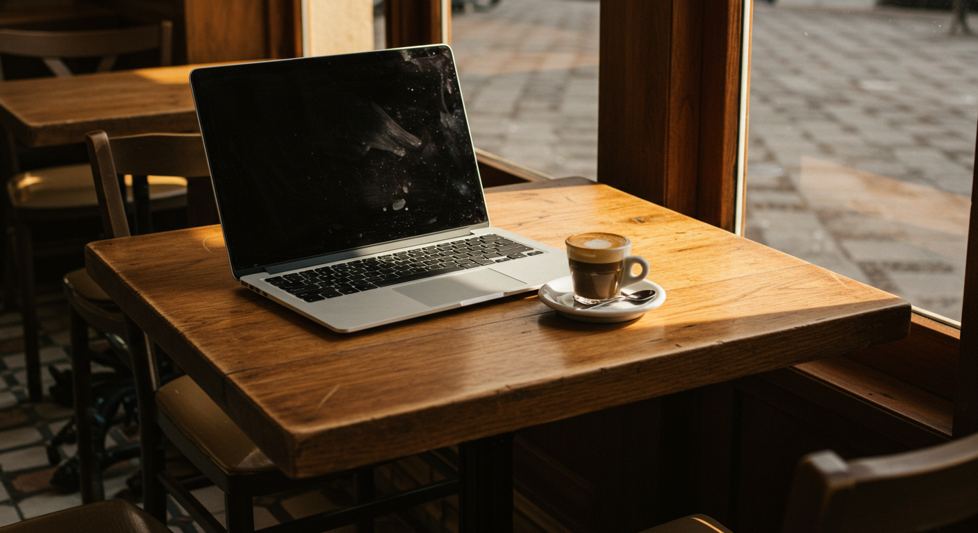 A laptop open on a café table in Valencia's Ruzafa neighbourhood, afternoon light through large windows