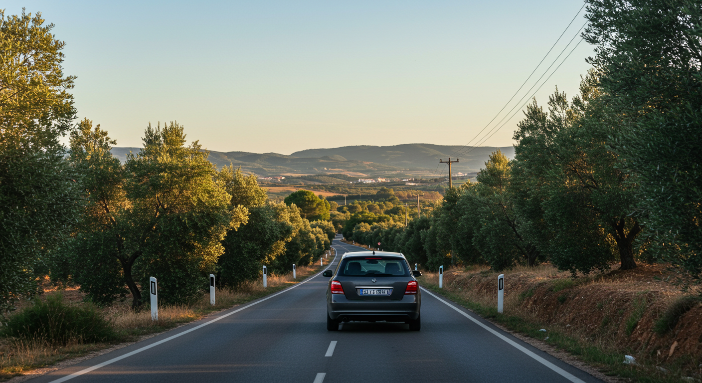 A car driving on a Spanish road through olive groves under bright afternoon sun