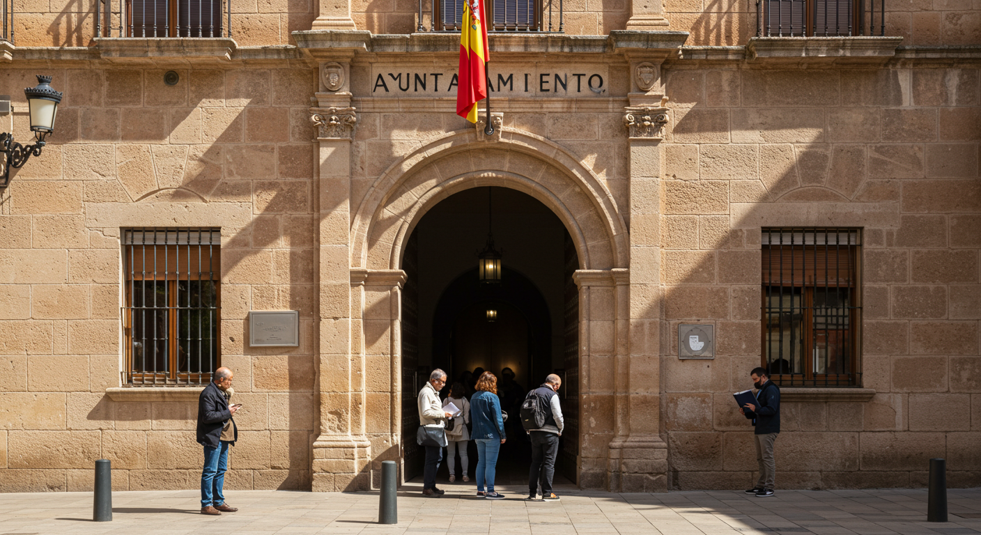 Queue outside a Spanish ayuntamiento on a bright morning, stone facade and a Spanish flag above the entrance
