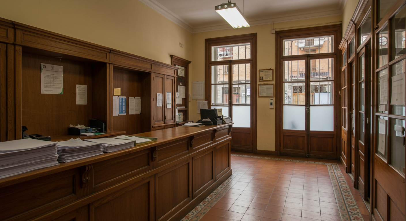 Entrada a un ayuntamiento español con suelo de baldosas y mostrador de madera