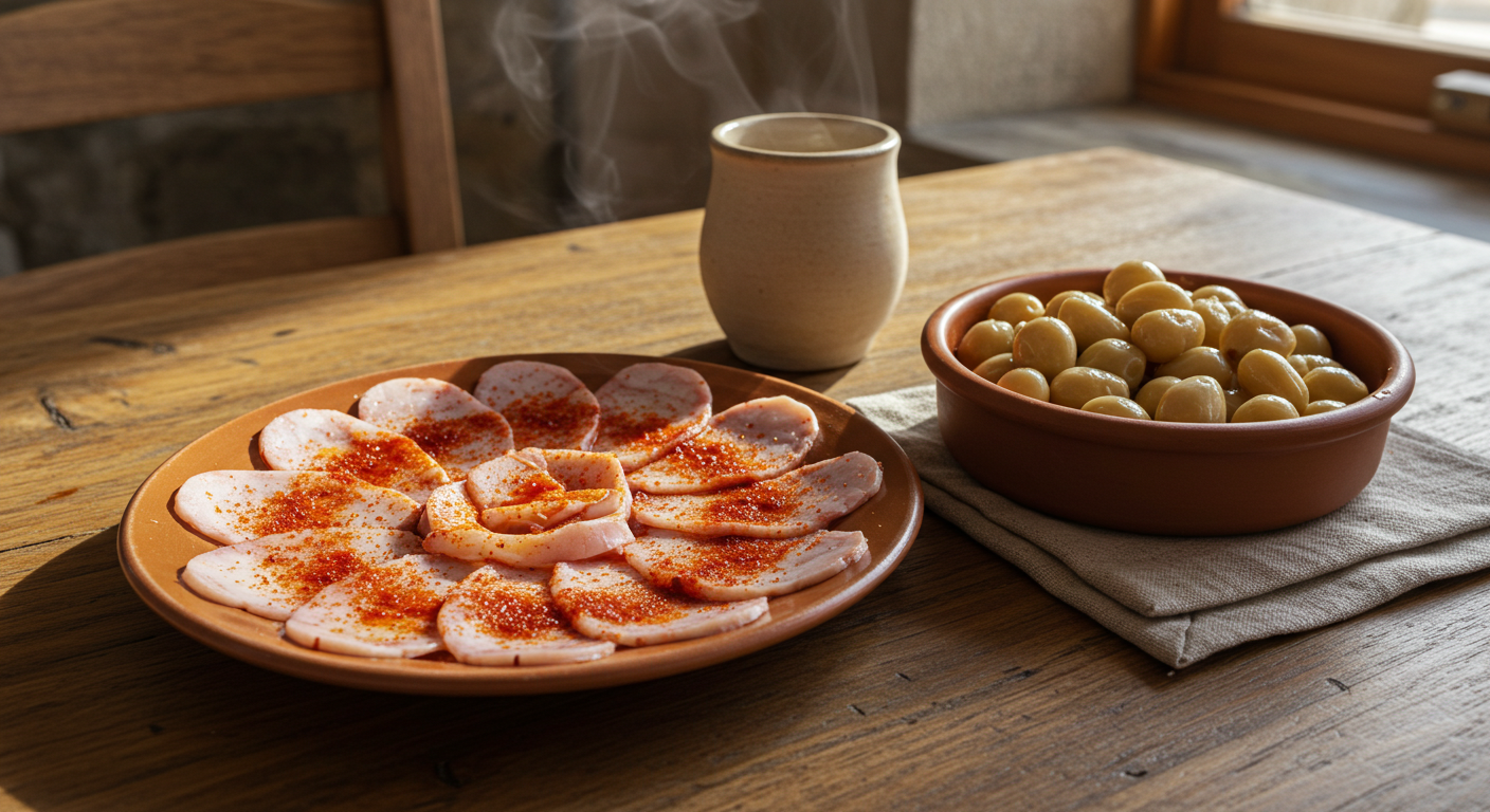 Fresh percebes and pulpo a feira served on a wooden board at a Galician marisquería