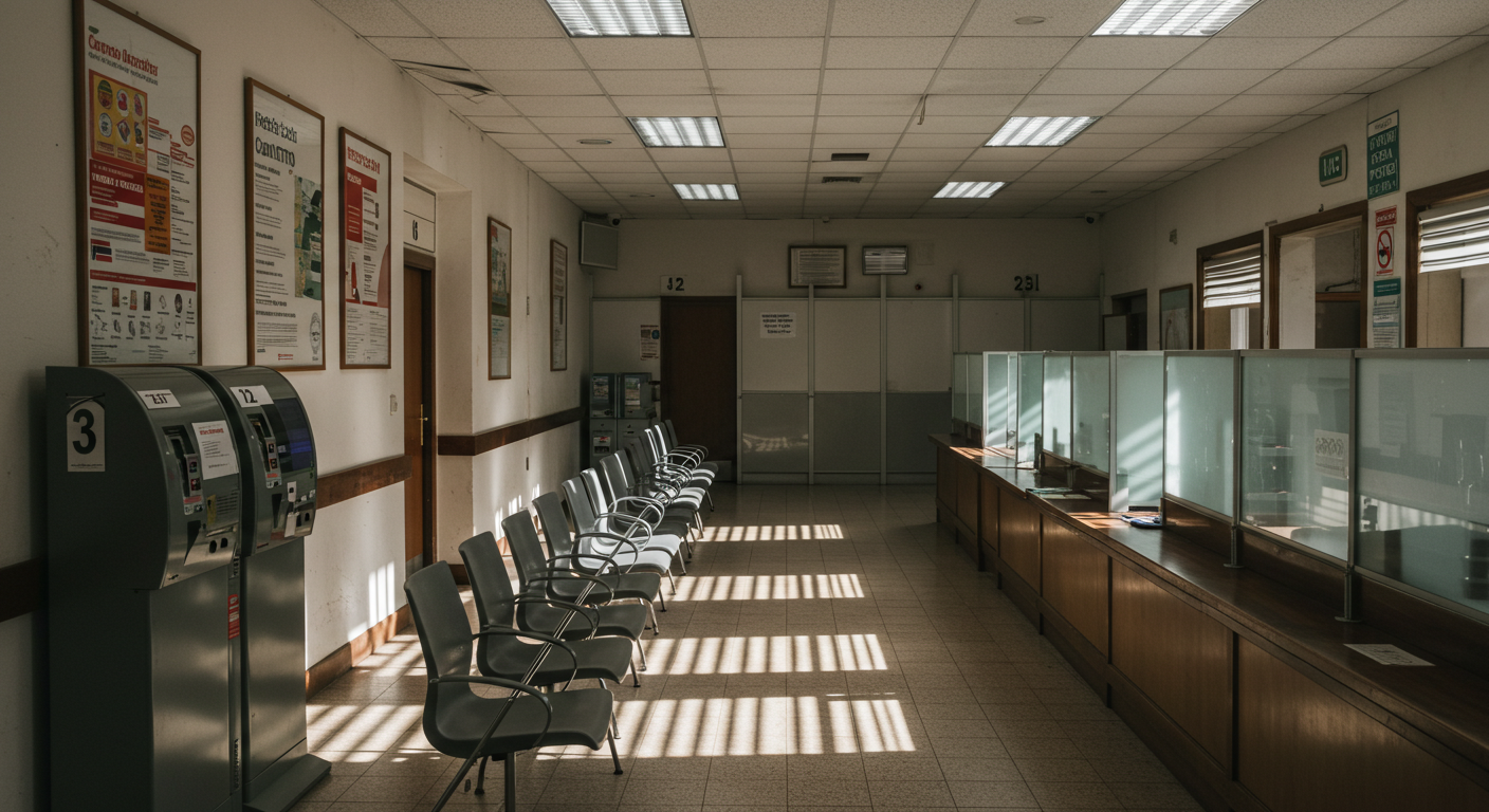 Interior of a Spanish Agencia Tributaria office with numbered waiting tickets and information leaflets on a counter