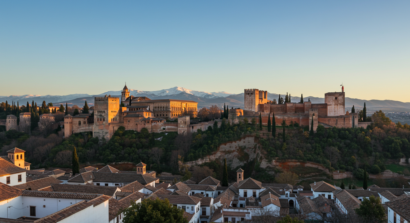 La Alhambra vista desde el Mirador de San Nicolás en el Albaicín al mediodía, con Sierra Nevada al fondo