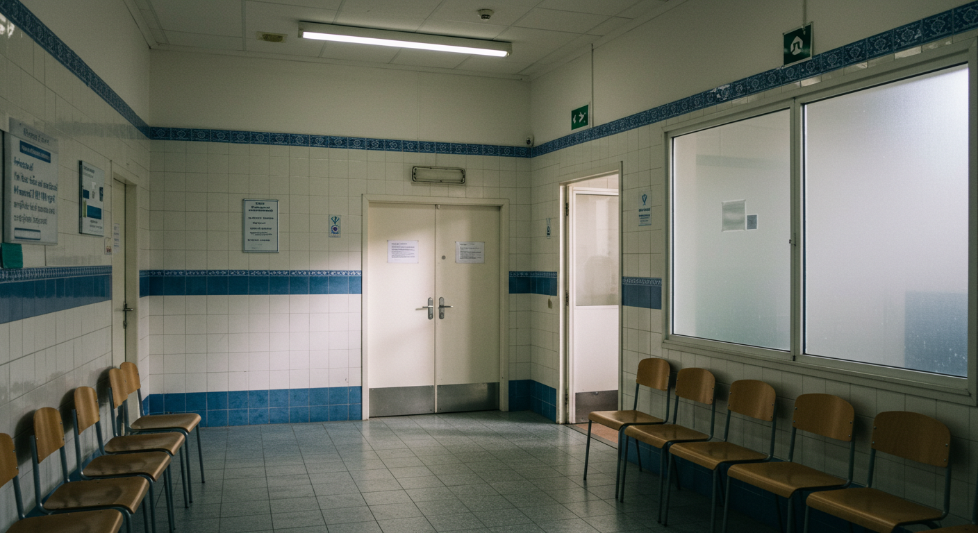 Interior de la sala de espera de un centro de salud español con paredes alicatadas y luz natural entrando por una ventana