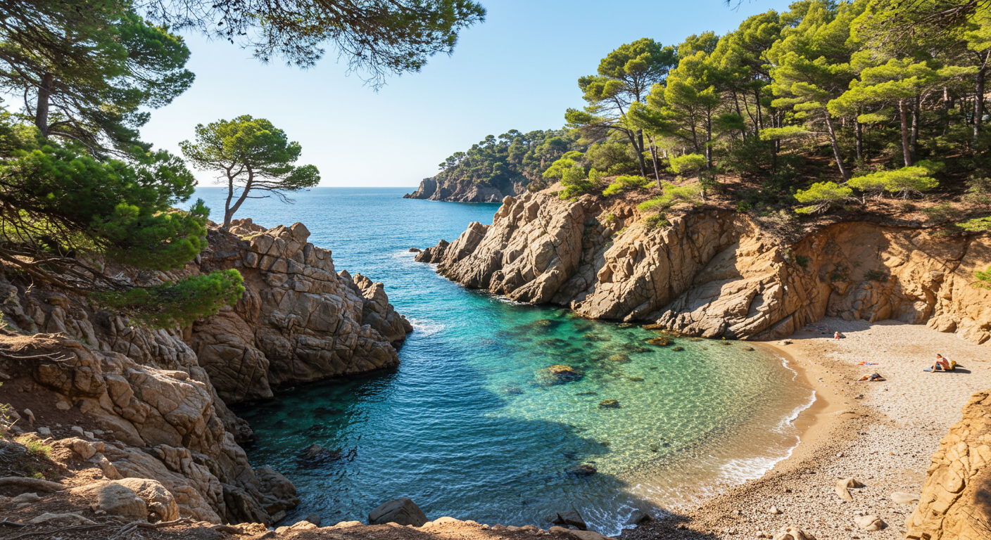A rocky hidden cove on the Costa Brava with turquoise water and pine trees, Catalonia, Spain