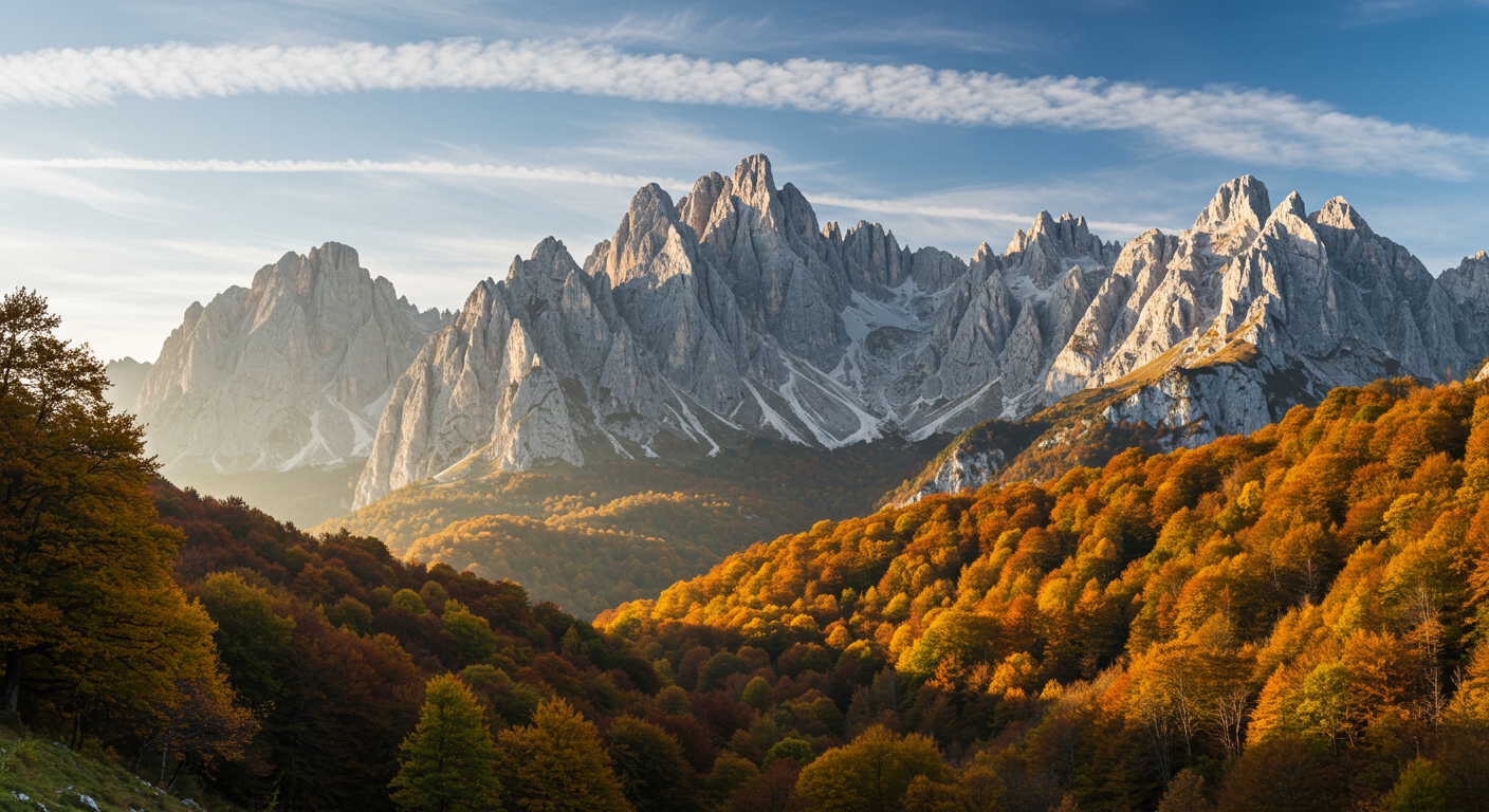 Limestone peaks of the Picos de Europa rising above autumn beech forest in northern Spain
