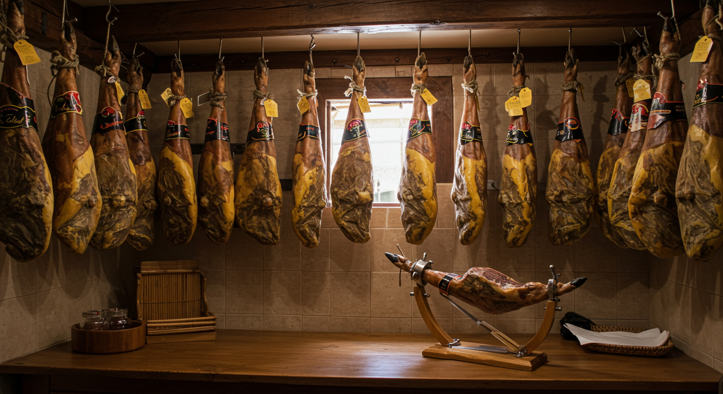 Patas de jamón ibérico colgadas en una jamonería española tradicional, con los precintos de colores de categoría visibles