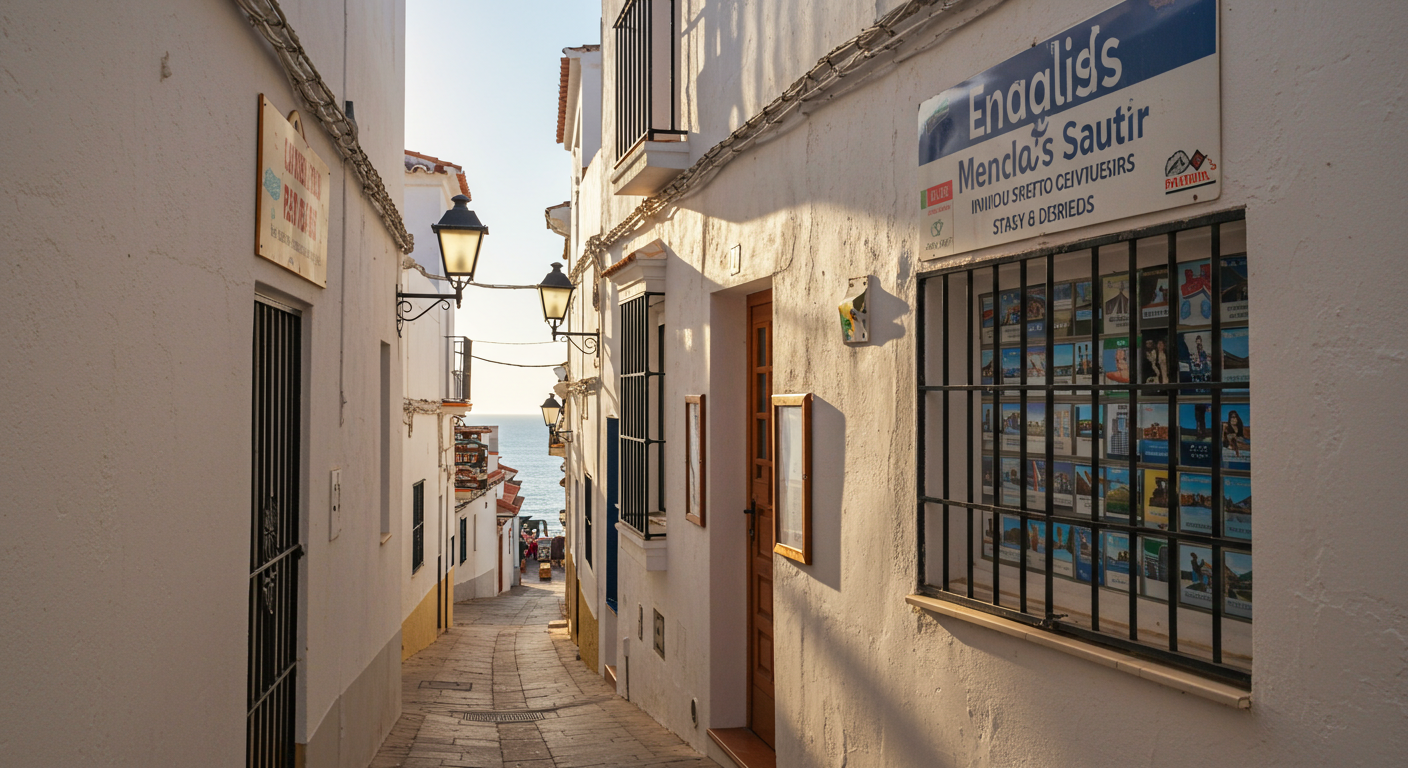 A narrow Andalusian street with a mix of Spanish and English-language shop signs, morning light