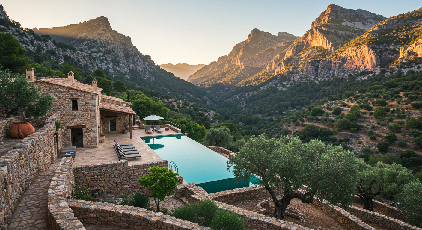 Stone luxury finca hotel with pool overlooking olive groves in the Tramuntana mountains, Mallorca