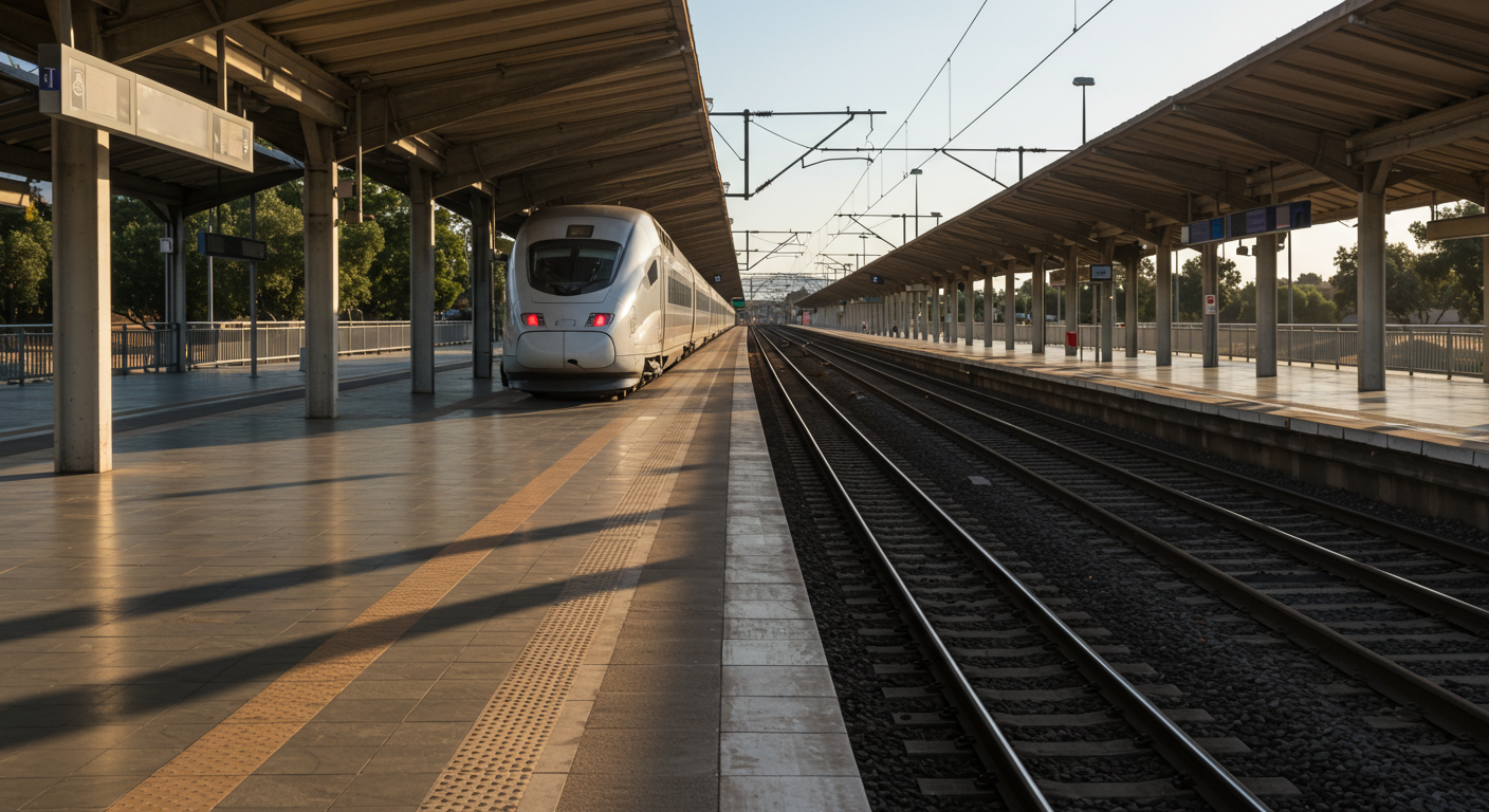 A white AVE high-speed train at a Spanish station platform in morning light