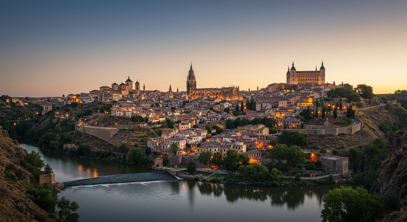 Vista del horizonte de Toledo desde la orilla del río Tajo, con la catedral y el Alcázar visibles sobre las antiguas murallas de piedra de la ciudad a la luz cálida de la tarde