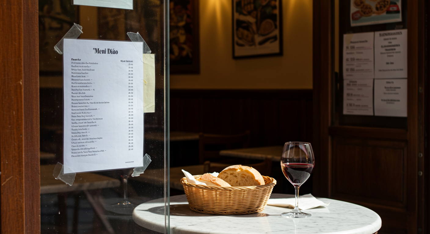 A handwritten menú del día board outside a Spanish bar-restaurant, with a glass of red wine and bread on the table inside