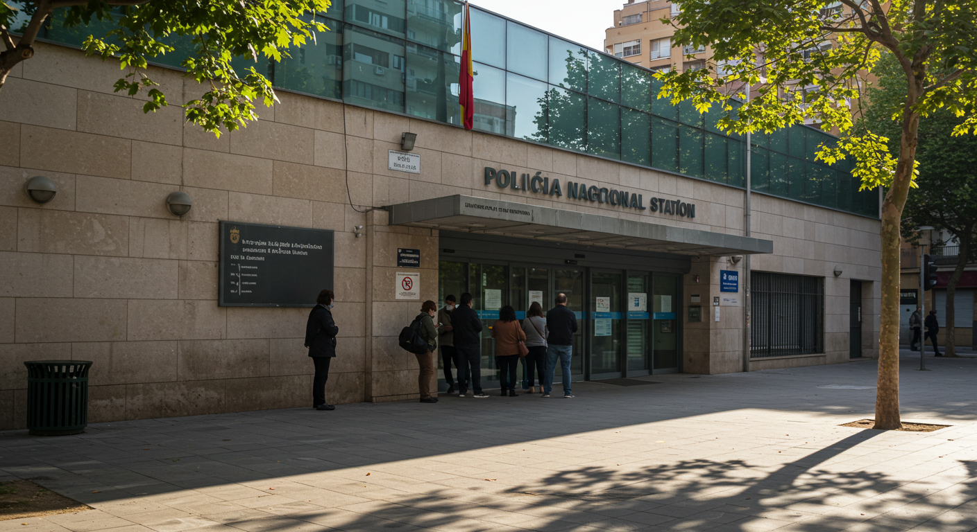 Queue outside a Spanish police station extranjería office on a sunny morning