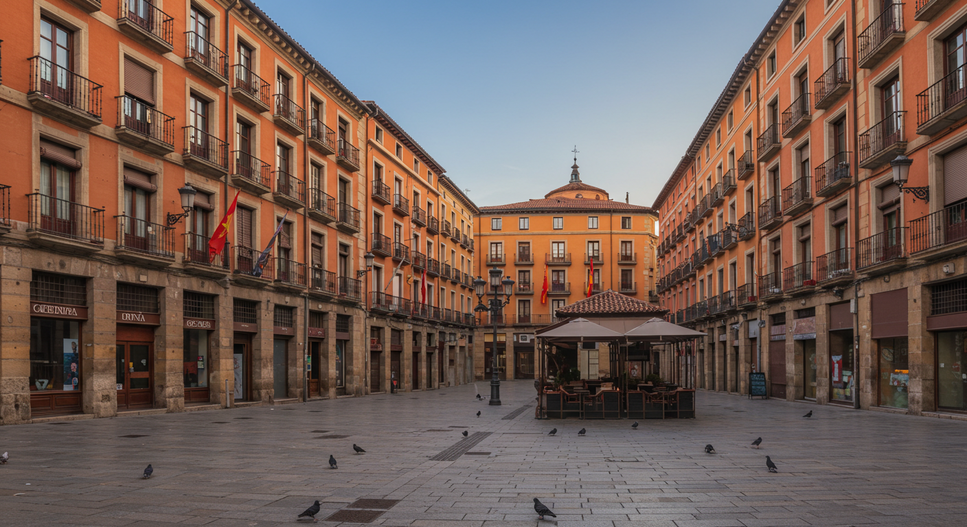Pamplona's Plaza del Castillo on a quiet autumn morning, with the Café Iruña terrace and ochre stone facades