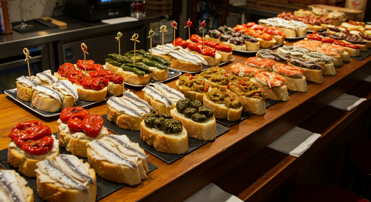 A crowded pintxos bar counter in San Sebastián's Parte Vieja, loaded with fresh pintxos on bread rounds