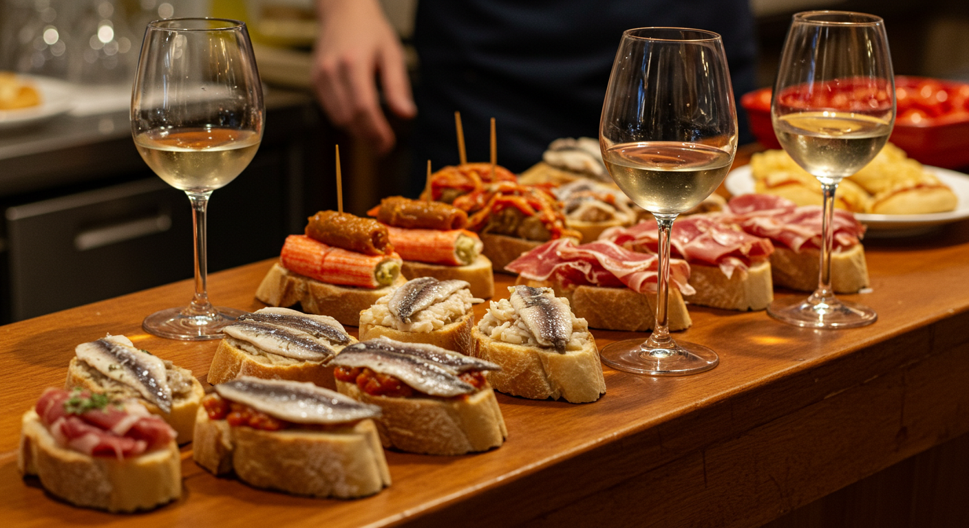 A crowded pintxos bar counter in San Sebastián's Old Town, laden with small toasts topped with anchovies, peppers and crab