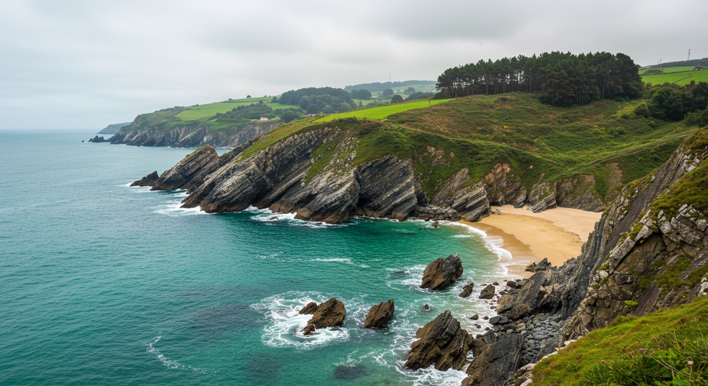 Wild rocky cove with turquoise Atlantic water and green clifftops on the Asturias coast, Spain