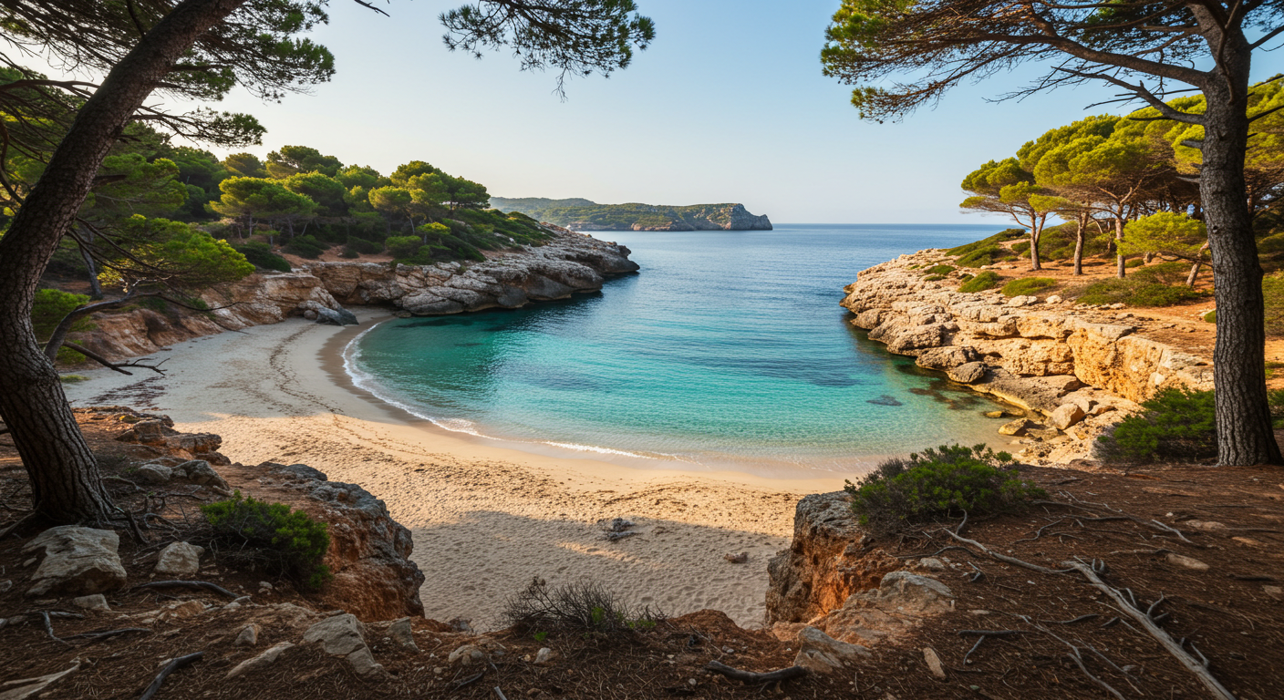 A secluded turquoise cove with limestone cliffs and pine trees on Menorca's south coast in summer morning light