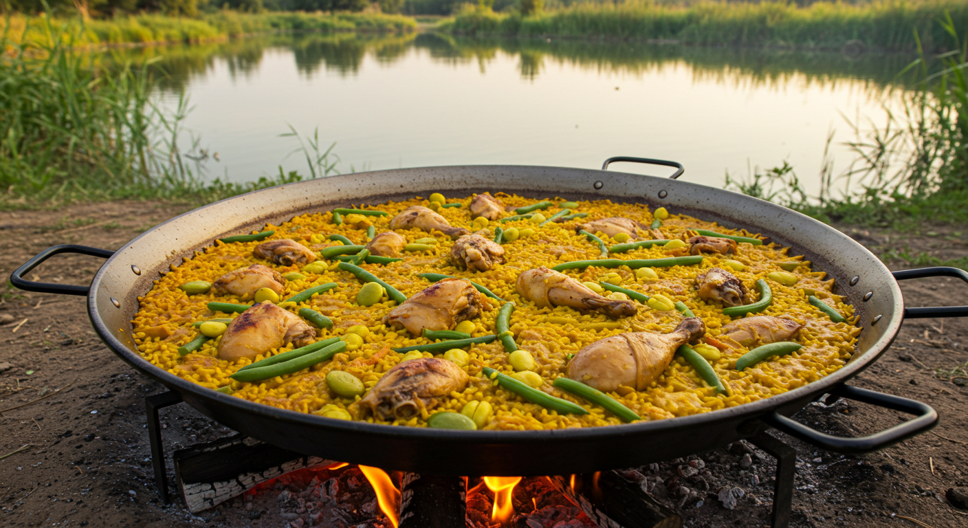 A traditional paella valenciana in a wide steel pan, golden socarrat visible at the edges, resting on an outdoor wood fire near the Albufera lake