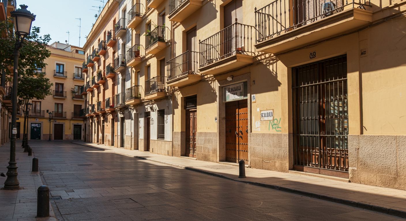 Fachada de un edificio de apartamentos de colores en Valencia con balcones y un cartel de se alquila